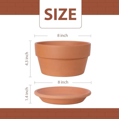 INGOFIN 8 Inch Terracotta Shallow Pots Set with Saucer - Ceramic Clay Pots with Drainage Hole, Terra Cotta Pot for Plants for Indoor Outdoor Plants, Set of 2 - size: Shallow 8/8 inch -2 pcs