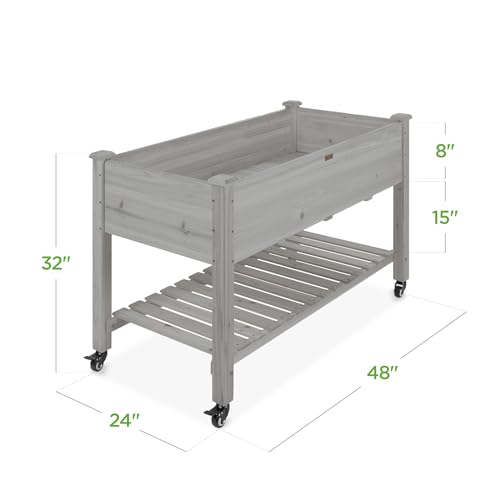 Best Choice Products Raised Garden Bed 48x24x32-inch Mobile Elevated Wood Planter w/Lockable Wheels, Storage Shelf, Protective Liner - Gray - color: Gray