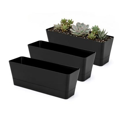 GREANER Black Rectangle Window Boxes, 3 Pack 12x3.8 Inch Herb Planters with Tray, Indoor Succulent Cactus Mint Plastic Pot for Windowsill, Garden Balcony, Office Outdoor Decoration - size: 3Packs/12x3.8in-black