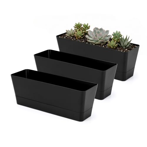 GREANER Black Rectangle Window Boxes, 3 Pack 12x3.8 Inch Herb Planters with Tray, Indoor Succulent Cactus Mint Plastic Pot for Windowsill, Garden Balcony, Office Outdoor Decoration - size: 3Packs/12x3.8in-black