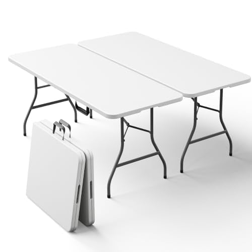 2 Pack 5ft Folding Table, Foldable Picnic Table with Carrying Handle, Heavy Duty Fold-in-Half Portable Table for Weddings, Camping, RV Travel, Parties, and Indoor Use, Easy to Fold and Store, White - color: White, size: 5ft-2 Pack