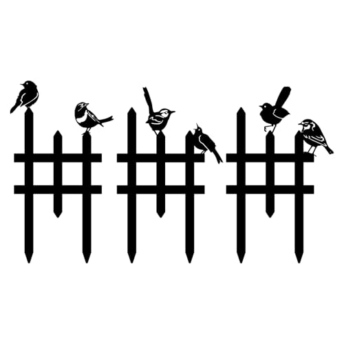 3 Pcs Small Garden Fence with 6 Piece Bird Decoration, Rustic Garden Decor - color: Black