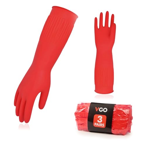 Vgo... Latex Reusable Cleaning Gloves,Long Sleeve Kitchen Gloves(RB2143) - color: Red, size: Small