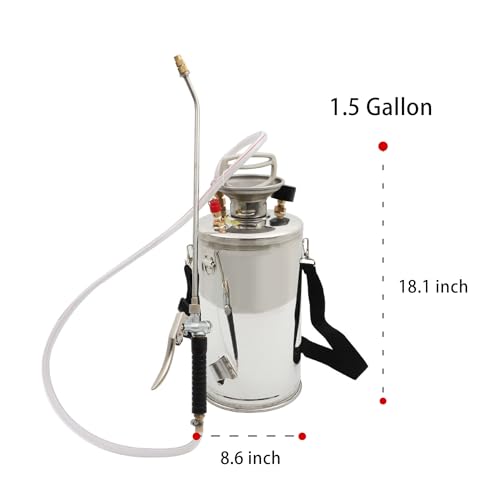1.5 Gallon Stainless Steel Sprayer, 16 Wand & 3.3FT Reinforced Hose, Heavy Duty Hand Pump Sprayer with Pressure Gauge, Safety Valve and Adjustable Nozzle, for Lawn, Garden Watering (Silver-6L) - size: 1.5 Gallon