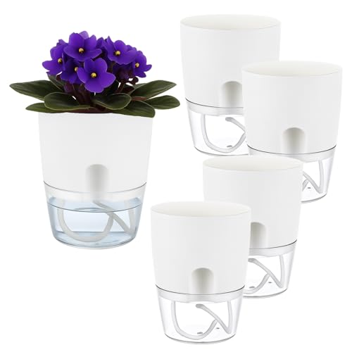 Planterhoma 5 Pack Self Watering Pots for Indoor Plants, 4 Inch Plant Pot Plastic Self Watering Planter for Orchid, African Violet, Small Clear Flower Pots with Drainage Holes and Wicking Rope, White - color: White, size: 5 Pack (4 In)