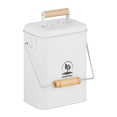 Relaxdays Kitchen Compost Bin, 3.5 litres, Iron & Wood, 2 Charcoal Odour Filters, Lid & Handle, Food Waste Caddy, White - color: White