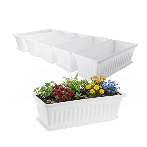 GREANER Plastic Flower Boxes Rectangle, 6 Pack Large Long Planter 16.9x7.48Inch Modern Thicken Vegetable Plant Pot with Tray for Garden, Kitchen, Houses, Offices, Balcony, Outdoor Indoor Use - White - color: White, size: 6pcs/16.9x7.48in