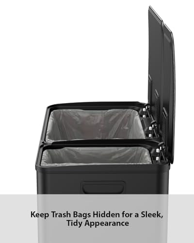 Lovewind Double Trash Can Kitchen, 13+5.5 Gallon Stainless Steel Dual Trash and Recycle Bin Combo with Silent Close Lid, Heavy-Duty Foot Pedal, Easy to Clean Garbage Can for Large Families, Black - color: Black, size: 13+5.5 Gallon