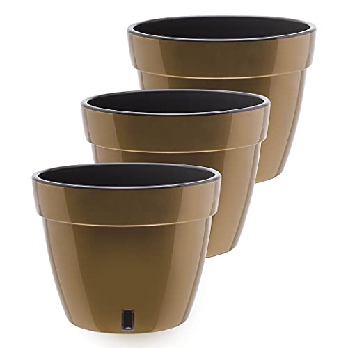 Gardenera 7.1" ASTI Self Watering Planter (Set of 3) in Gold/Black - Modern Flower Pot with Water Level Indicator for All House Plants, Flowers, Herbs, Succulents and Hanging Plants - color: Gold/Black - Set of 3, size: 7.1 Inch