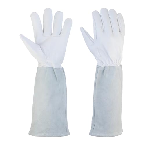 MECCANIXITY Leather Gardening Gloves for Women and Men, Thorn Proof Rose Garden Glove Long Sleeve Working Gloves for Digging - color: White-gray, size: Large