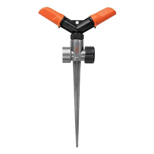 Black + Decker® 2-Arm Spinning Sprinkler with Zinc Spike – Compact, Adjustable, Secure Placement, 1,905 sq. ft. Lawn Coverage BD59412