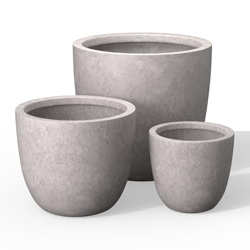 Kante Set of 3 CON Gray Concrete Bowl Planters 18" 14" 10" Dia - color: Light Gray, size: 18"d + 14"d + 10"d