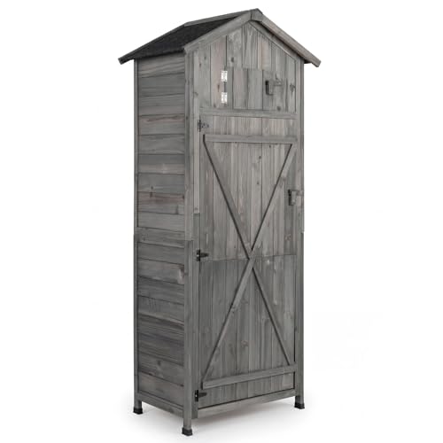 Outdoor Storage Shed, 70” Tall Outside Tool Cabinet w/Safety Latch, Hooks, Shelves & Folding Table, Wooden Garden Shed with Weather-Resistant Roof, for Patio, Backyard, Lawn (Gray) - color: Gray