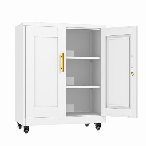 erosoei 35" H Metal Garage Storage Cabinet, Rolling Tool Cabinet with 2 Doors and Wheels, Locker Steel Cabinet with 2 Adjustable Shelves, Organization Cabinet for Garage,Office,Home,Gym,School（White） - color: White, size: 35" NCasNLck
