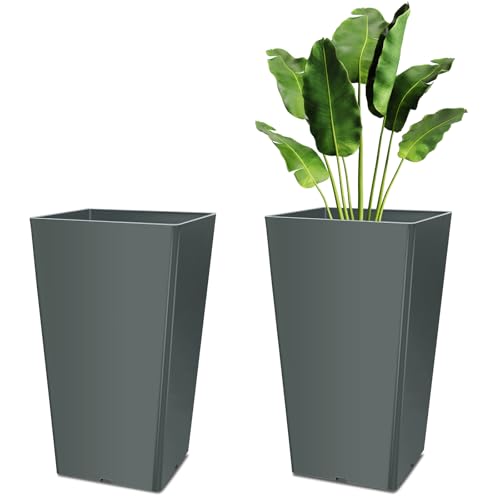Briwooody Set of 2 15.75 Inch Large Taper Planters Outdoor Indoor Tall Resin Flower Pots with Drainage Holes Modern for Front Door Patio Backyard Plants(Gray) - color: Gray