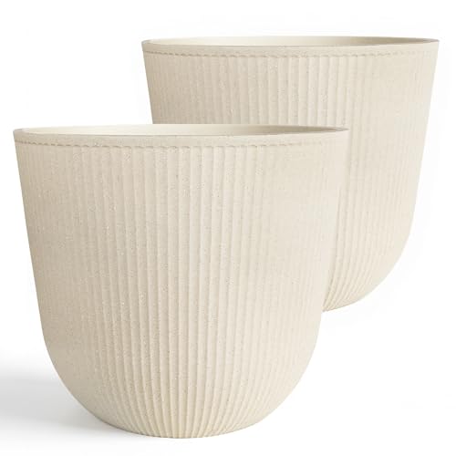 Worth Garden Round Large Planter Pot Set of 2-17.5" Dia x 15.5" H - Durable Plastic Beige Plant Tree Pots with Vertical Stripe Textured Finish, Drainage Hole for Indoor, Outdoor, Front Porch, Patio - color: Beige, size: 2-Pack