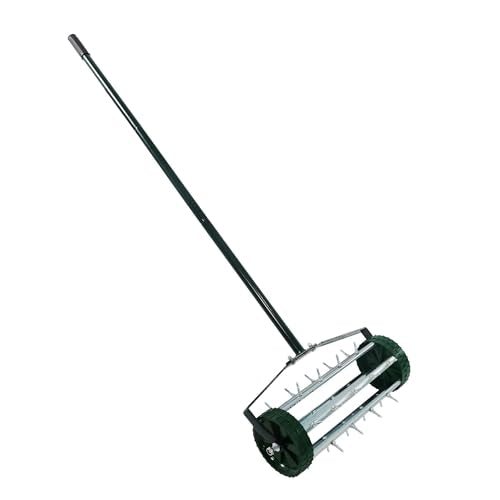 Push Lawn Aerator 57" Handle, 1.4" Rolling Spikes Durable Galvanized Steel, Manual Core Aeration Tool for Compacted Soil, Rustproof, Easy Assembly