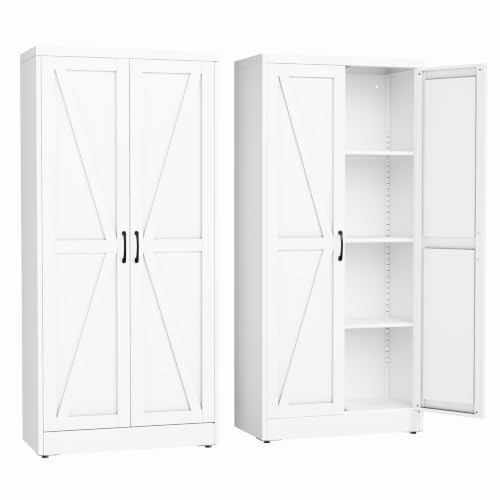 erosoei 63" H Metal Garage Storage Cabinet, Black Metal Pantry Cabinet with 2 Doors, Locker Steel Cabinet with 3 Adjustable Shelves, Freestanding Cupboard for Garage,Office,Home,Gym,School - color: White, size: 63" NCasNLck-M