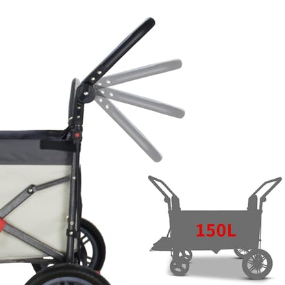 TMZ Collapsible Wagon with 2 Foldable Seats, Folding Wagon with Canopy, Multi Functional Cart with Adjustable Handle Bar, Front Expandable for Transport Camping (Grey/Beige) - color: Grey/Beige