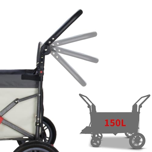 TMZ Collapsible Wagon with 2 Foldable Seats, Folding Wagon with Canopy, Multi Functional Cart with Adjustable Handle Bar, Front Expandable for Transport Camping (Grey/Beige) - color: Grey/Beige