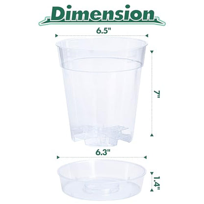 1 Gallon 6 Inch Clear Plastic Plant Pot with Drainage Holes, Interlocking & Detachable Tray - Deep Saucer - Durable BPA-Free Plastic, Transparent Design, Raised Base for Airflow, Set of 6, 92-X-A-6 - size: 6.5" x 7"