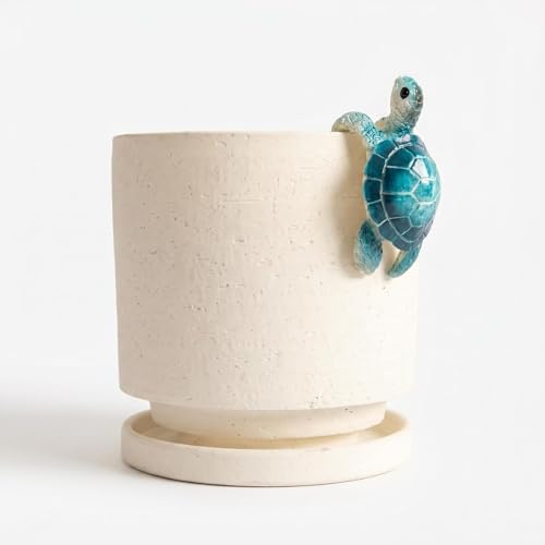 Ceramic Plant Pot with Resin Climbing Tortoise Figure, 5.75 Inch,White - color: White+bt, size: 5.7 Inch