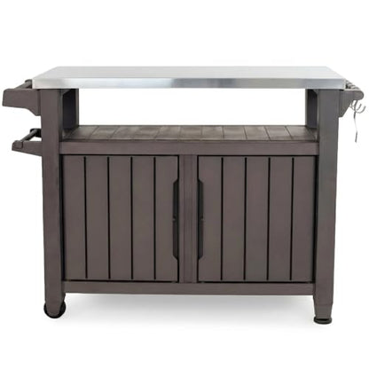 Keter Outdoor Rolling Table Cart for Food Prep, Storage, Dark Brown - color: Brown