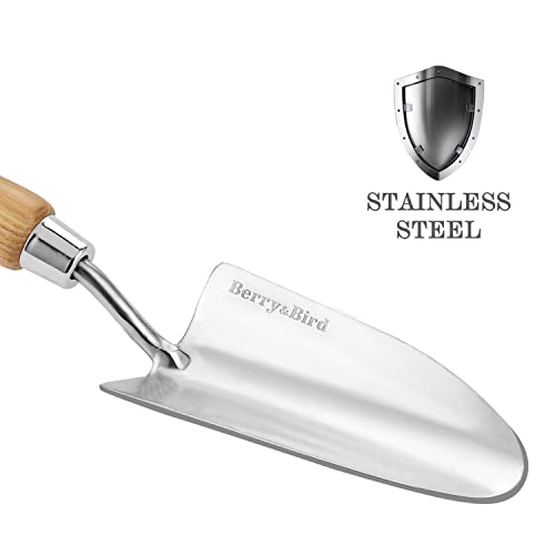 Berry&Bird Stainless Steel Trowel, Garden Small Flower Hand Shovel, Potting Soils Scoop with Wood Handle, Gardening Bonsai Tools for Transplanting Digging Weeding Planting - color: Hand Shovel, size: Small