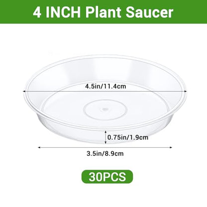 GREANER Plant Saucers for Indoors, 30 Packs Durable Plastic Plant Trays for Pots, Clear Plastic Flower Plant Pot Saucer for Indoor Outdoor Garden（4 Inch - size: 4 Inch
