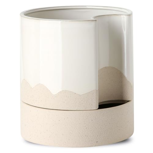 Nihow Ceramic Self Watering Plant Pot for Indoor Plants,8 Inch,White & Wave - color: White & Nature, size: 8" Self Watering