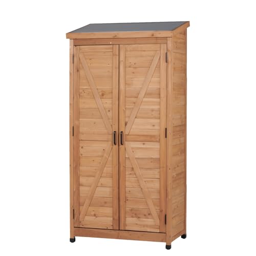 Outdoor Metal Top Wooden 3 Adjustable Shelves Storage Sheds Garden - color: Light Brown