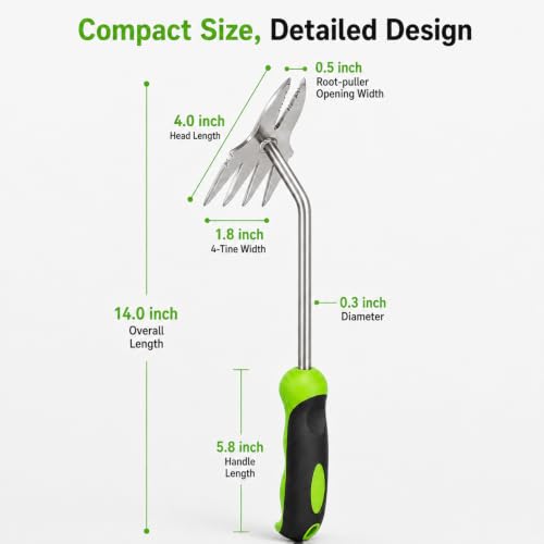 NWDEY 14 Inch Dual-Ended Hand Weeder, 4-Tine Fork & 2-Prong Root Puller