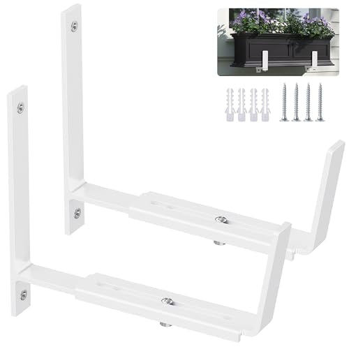 Y&M 2 Pack Adjustable Planter Brackets (6 to 12.5 in), Universal Window Box Mounting Hooks, Heavy Duty Iron Flower Box Wall Mounts for Balcony, Fences, Patio, and Garden - White - size: 2pcs White