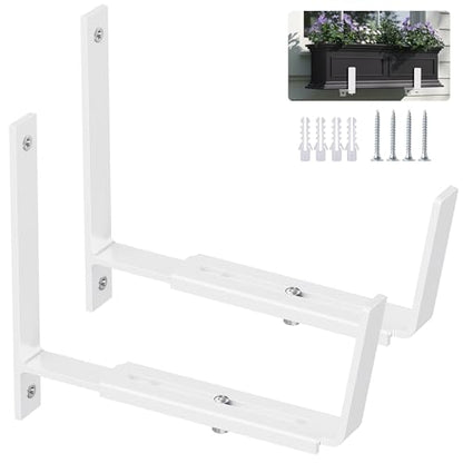 Y&M 2 Pack Adjustable Planter Brackets (6 to 12.5 in), Universal Window Box Mounting Hooks, Heavy Duty Iron Flower Box Wall Mounts for Balcony, Fences, Patio, and Garden - White - size: 2pcs White