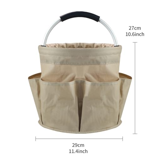 Gray Collapsible Round Garden Tool Bag with Metal Handle Multi-Pocket Storage Bucket for Gardening Work Picnic Cleaning Tool Organization Portable & Easy to Store - color: Grey