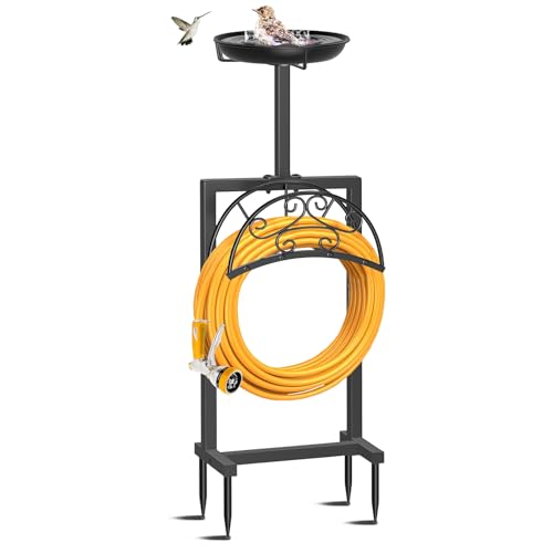 Garden Hose Holder, Freestanding Holds 150ft with Bird Feeder - style: Floral With bird feeder