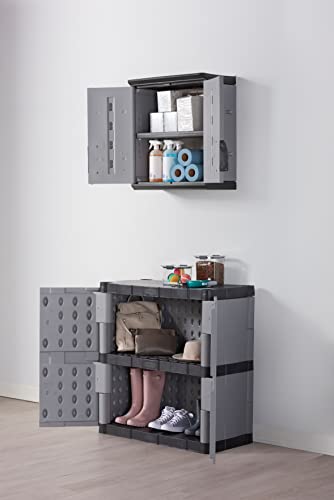 Rubbermaid Wall Mounted Storage Cabinet with Doors 150-Pound Capacity Gray Lockable Three-Shelf Cubbard for Tools/Car Accessories/Cleaning in Home/Garage/Outdoor Areas - size: Small