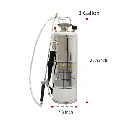 3 Gallon Stainless Steel Sprayer, 20 Wand & 3FT Reinforced Hose, Heavy Duty Hand Pump Sprayer with Pressure Gauge, Safety Valve and Adjustable Nozzle, for Lawn, Garden Watering (Silver-12L) - size: 3 Gallon