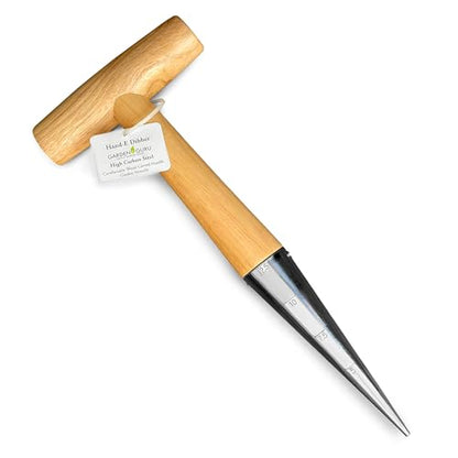 Garden Guru Steel Dibber Planter Tool for Planting Seeds & Bulbs - High Carbon Steel & Comfortable Wood Carved Handle - for Consistent Planting Flowers Tulips, Daffodils, Dahlias - size: 1 Pack