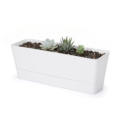 GREANER Herb Planter with Tray, 1 Pack 12x3.8 Inch Rectangle Window Box, Indoor Succulent Flowers Succulent Plastic Pot for Windowsill, Garden, Balcony, Office Outdoor Decoration - White - size: 1Pack/12x3.8in