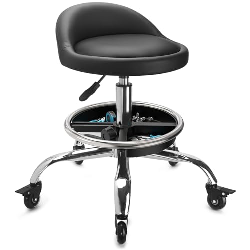Garage Mechanic Stool Chair, Rolling Workshop Stool with Tool Tray Storage, Height Adjustable Heavy Duty Swivel Task Chair, Mechanic Chair for Garage, Shop, Auto Repair (Style 2)