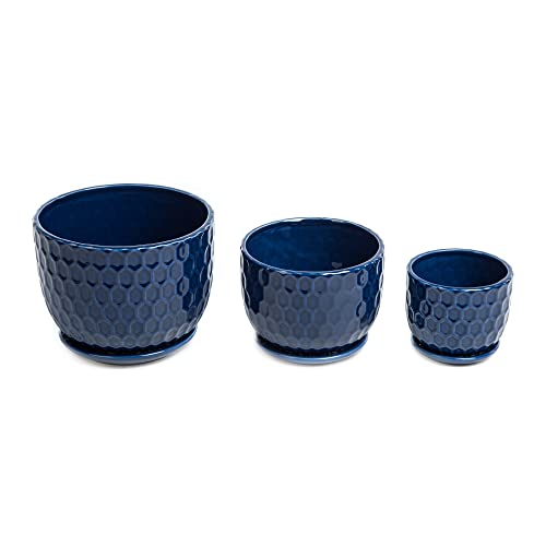 Ceramic Flower Pots with Drainage Hole and Saucer, North European Style Round Indoor Succulent Planters with Honeycomb Inspired Texture Design, Small to Medium-Sized, Set of 3, Navy Blue - size: 6.4"+5.2"+3.7" - Set of 3, style: Modern