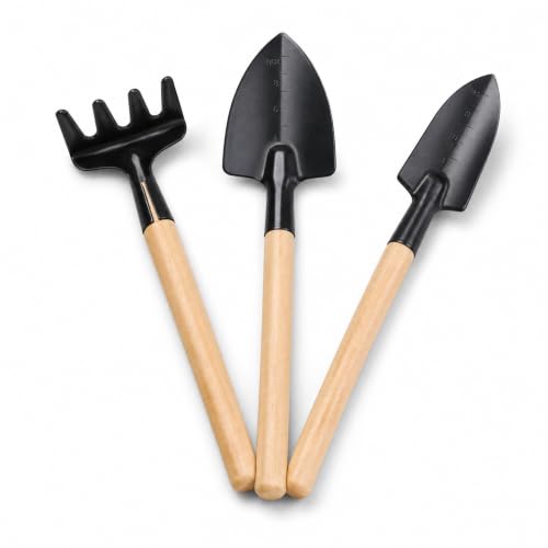 3Pcs Mini Gardening Tool Set with Wooden Handles Includes Small Hand Rake and Spade Ideal for Bonsai and Potted Plants Care