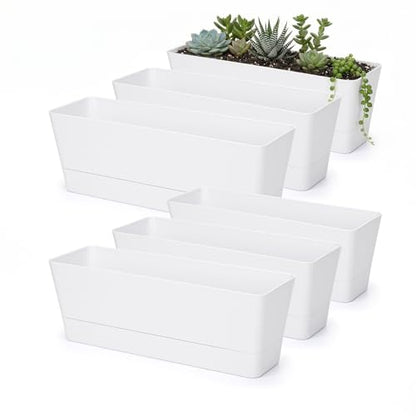 GREANER 12x3.8 Inch Herb Planters, 6 Pack White Rectangle Window Boxes with Tray, Indoor Succulent Cactus Mint Plastic Pot with Saucer for Windowsill, Balcony, Office, Outdoor Garden - size: 6Packs/12x3.8in