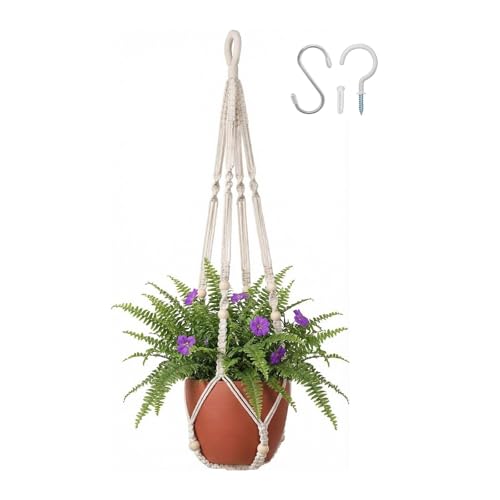 Macrame Plant Hanger 35", No Tassel Hanging Plant Holder, Sturdy Flower Pot Holder with 2 Hooks - Ivory - color: Ivory, size: 35"-1pc