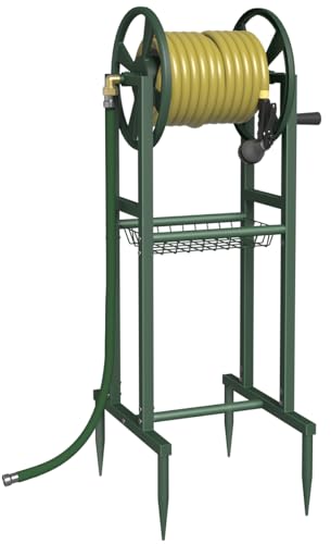 Garbuildman Ground Mount Garden Hose Reel Holds 125 Feet of 5/8-Inch with 3.9 ft Leader Hose, Brass Fitting, Water Hose Holder Stand with Storage Rack & 4 Spikes Base for Outdoor Lawn, Green - color: Green
