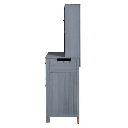 Merax Outdoor Garden Potting Bench with Hutch, 65" H Solid Fir Wood Patio Garden Workstation Tabl with Large Countertop, Adjustable Shelves, Door Rack, Side Hook and Drawer, Gray - color: Gray
