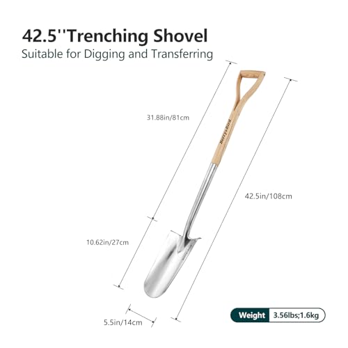 Berry&Bird Trenching Shovel, Garden Drain Spade Shovel with Wood Handle, 42.5" Stainless Steel Gardening Planting Spade, Heavy Duty Root Cutter Shovel Trench Shovel for Digging Transplanting & Edging - color: Trenching Shovel, size: 42.5 inch