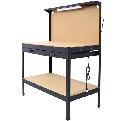 Heavy-Duty Workbench with Pegboard, Two Drawers, and LED Light, Multipurpose Garage Workstation