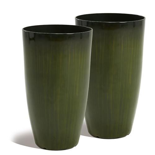 Worth Garden 23.5" H. Large Plastic Planters - Set of 2 Gradient Green Glossy Smooth Finish - Tall Plant Pots for Indoor & Outdoor Use - Decorative Lightweight Flower Pots for Front Porch, Patio, Deck - color: Green, size: 23.5" Height